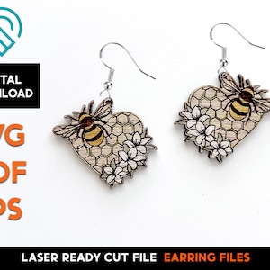 Bee Floral Heart Earring Set 2 - Laser Cut SVG File - Glowforge Ready - Sieraden Sjabloon - honing, honingraat, bloemen, hommel, bijenkorf, honing