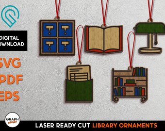 May include: Set of five laser cut wooden ornaments with a library theme. The ornaments include a book, a bookshelf, a lamp, a card catalogue, and a book with a bookmark. The ornaments are all red, brown, and blue.