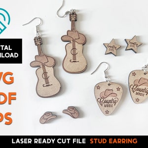 Conjunto de brincos de música country ocidental - arquivo SVG cortado a laser - pronto para Glowforge - modelo de joias - cowboy, cowgirl