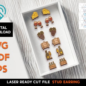 Wine Theme  stud Earring Set - Laser Cut SVG File - Glowforge Ready - Jewelry Template - Cheese, Vino, Chateau