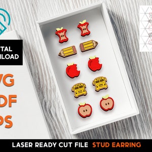 Teacher School Stud Earring Set - Laser Cut SVG File - Glowforge Ready - Jewelry Template - Bus, Apple, Pencil, Back 2 School