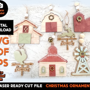 Farm Christmas Ornament Laser Cut File: Barn, Rooster, Wind Vane (SVG, PDF, EPS)