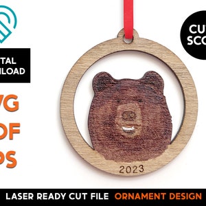 Bear Christmas Ornament - Laser Ready SVG Cut File Template - Grizzly, Adventure Mountain Cabin Bear