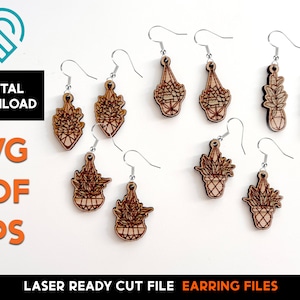 Conjunto de pendientes de plantas colgantes - Archivo SVG cortado con láser - Glowforge Ready - Plantilla de joyería - Planta de maceta de la casa botánica