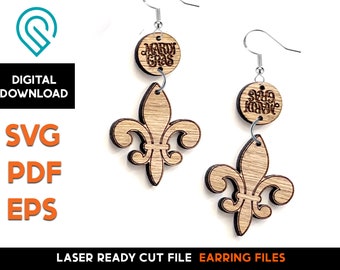 Mardi Gras  Earring Set 8 - Laser Cut SVG File - Glowforge Ready - Jewelry Template - Fat Tuesday, New Orleans, Mask, Beads, Fleur de lis