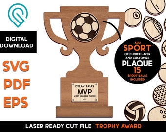 Sport Trophy Award - Laser SVG Cut File – Glowforge Ready – Name Plate - Customize Text - DIGITAL DOWNLOAD - Coach