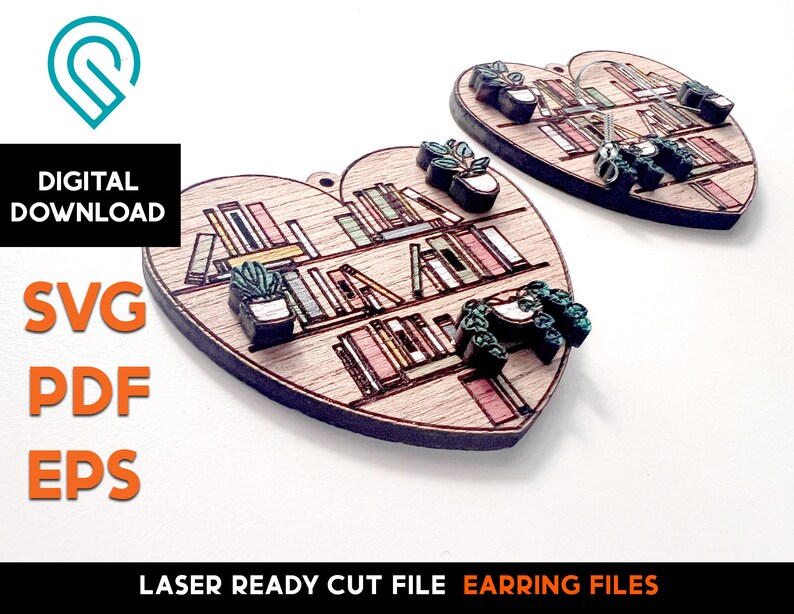 May include: Two laser cut wooden heart-shaped earrings with a bookshelf design. The earrings feature a bookshelf with books, plants, and a small animal. The earrings are ready to be assembled.