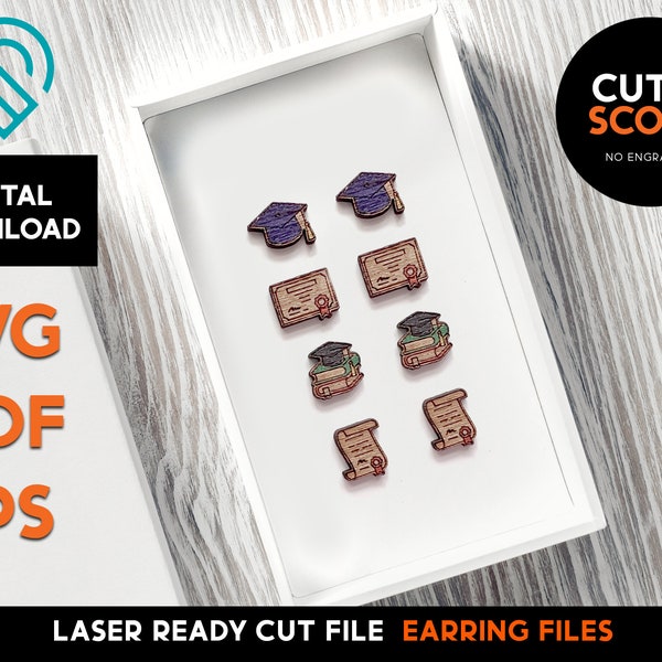 Graduation Schoo Theme Stud Earrings -  Laser SVG Cut File – Glowforge Ready – Diploma, Cap and Gown - Cut and Score