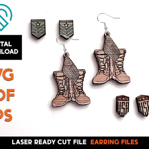 USA Military Boots Earring Set - Laser SVG Cut File – Glowforge Ready - Stu Earrings - America, 4th of July, Independence