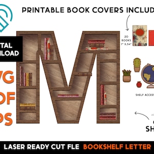 M - Letra inicial - Estante de libros en miniatura DIY - Archivo de corte SVG láser de madera – Glowforge Ready – Alfabeto, Casa de muñecas, Lectura, Libros, Librería