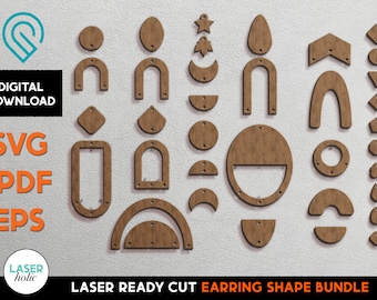 May include: A set of 25 laser-cut earring shapes in various geometric designs, including arches, circles, and crescents. The shapes are made of wood and have a natural brown color. The text "LASER READY CUT EARRING SHAPE BUNDLE" is printed at the bottom of the image.