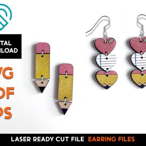Brincos de peças de papel e lápis para professor - Arquivo SVG cortado a laser - Pronto para Glowforge - Modelo de joias - De volta às aulas, Ensino, Escrita