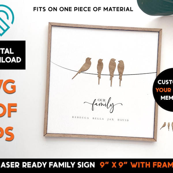 Family Bird Sign - Wood Laser SVG Cut File – Glowforge Ready- One material fits sign and frame - Mother's Day - Customize