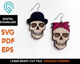 Skull Retro Couple Earring Set - Laser Cut SVG File - Glowforge Ready - Jewelry Template - Retro, Biker, Halloween, Scull, Headband, Hat