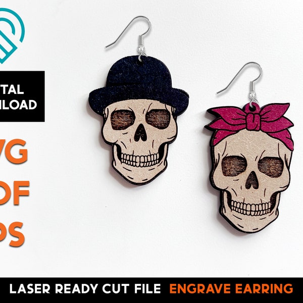 Skull Retro Couple Earring Set - Laser Cut SVG File - Glowforge Ready - Jewelry Template - Retro, Biker, Halloween, Scull, Headband, Hat