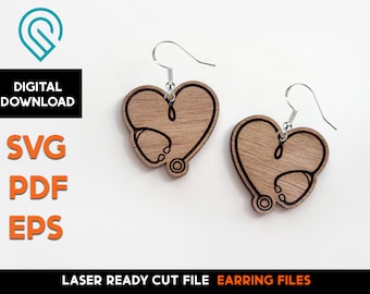 Nurse Love Heart Earring Set - Laser Cut SVG File - Glowforge Ready - Jewelry Template - Engrave - Stethoscope