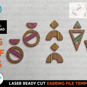 May include: Laser cut earring file template with geometric shapes in various colors. The template includes circles, half circles, triangles, and squares with stripes and lines. The file is available in SVG, PDF, and EPS formats.