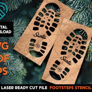 May include: Two laser-cut wooden stencils of Santa's footprints. Each stencil features a detailed footprint design with the word "Santa" and a snowflake. The stencils are ready to be used for crafting projects.