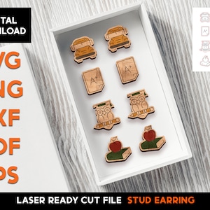 Teacher School Stud Earring Set - Laser Cut SVG File - Glowforge Ready - Jewelry Template - Bus, Apple, Pencil, Back 2 School