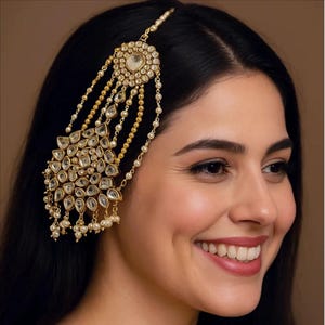 Gold Plated Bridal Jhoomer Passa: White Pearl Indian Wedding Headpiece