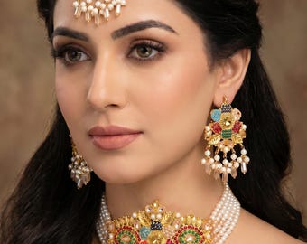 Navratan Kundan Set Necklace Earrings Maang Tikka | Indian Pakistani Bridal Wedding Mehndi Nikah Gold Handmade Traditional