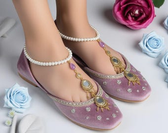 Purple Lilac Khussa Shoes with Pearl Anklet Payal | Indian Pakistani Bridal Wedding Flats | Mehndi Nikah Handmade Ethnic Shoes Women Size 7