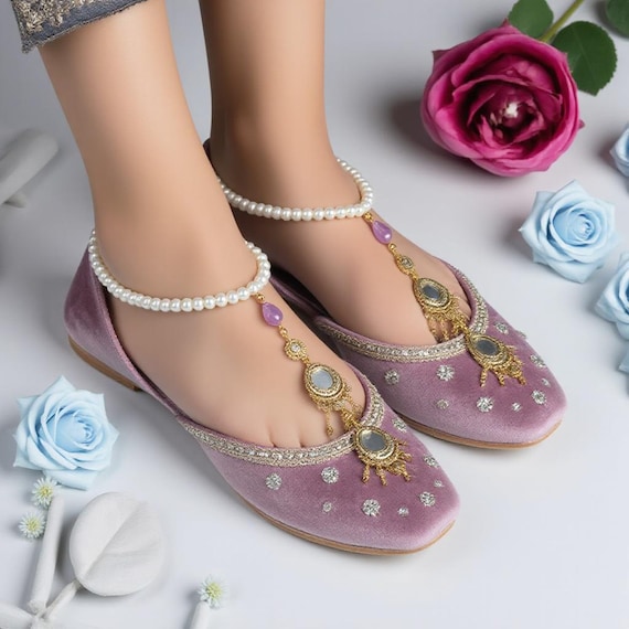 Purple Lilac Khussa Shoes with Pearl Anklet Payal | Indian Pakistani Bridal Wedding Flats | Mehndi Nikah Handmade Ethnic Shoes Women Size 7