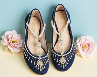 Handmade Navy Beaded Ballet Flats: Pakistani Khussa Wedding Shoes