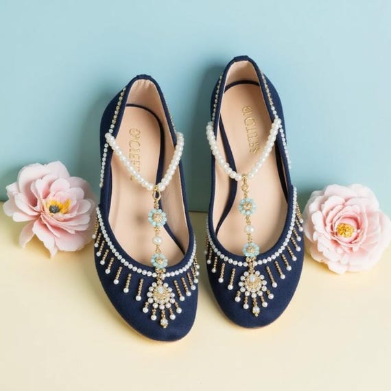 Handmade Navy Beaded Ballet Flats: Pakistani Khussa Wedding Shoes