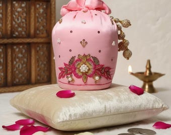 Handmade Embroidered Baby Pink Potli Bag: Pakistani Indian Wedding Clutch