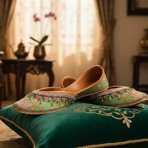 Chaussures Khussa vertes à fleurs brodées | Mariage indien pakistanais Mehndi Juttis fait main traditionnel taille 6-9