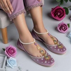 Elegant Lilac Purple Punjabi Jutti Khussa with Shimmering Crystals and Pearl Anklets, Flat Shoes for Special Occasions