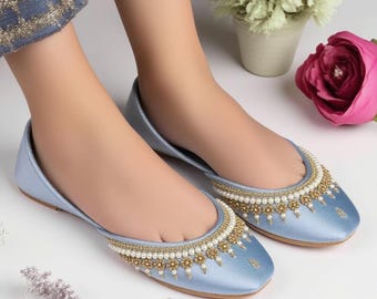 Powder Blue Bridal Khussa Jutti – Gold Embroidered Punjabi Shoes for Weddings & Eid