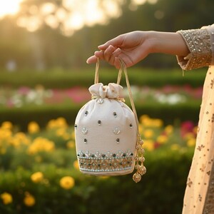 Handmade Pakistani Bridal Potli Bag: Embroidered Off-White Clutch