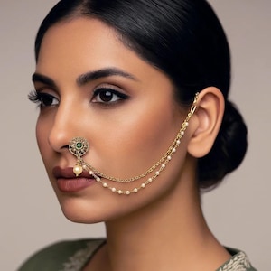 Gold Plated Clip-On Bridal Nath: Maroon, Green, White - Indian Wedding Nose Ring