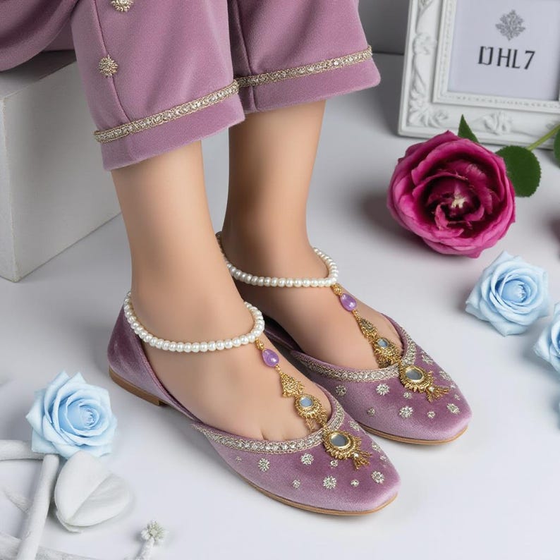 Side View of Lilac Purple Anklet Khussa Punjabi Jutti Shoes with Delicate Pearl Anklet Detailing, Ideal for Eid and Weddings