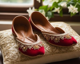 Red Burgundy Khussa Shoes Pearl Gold Indian Pakistani Bridal Wedding Flats Mehndi Nikah Handmade Traditional Women Juttis
