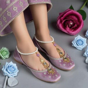 Traditional Hand-Sewn Khussa in Lilac Purple with Crystal and Pearl Embellishments, Perfect for Eid and Wedding Occasions