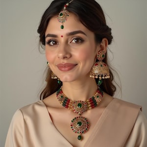 Kundan Bridal Jewelry Set: Green & Red Maang Tikka, Necklace, Jhumka Earrings