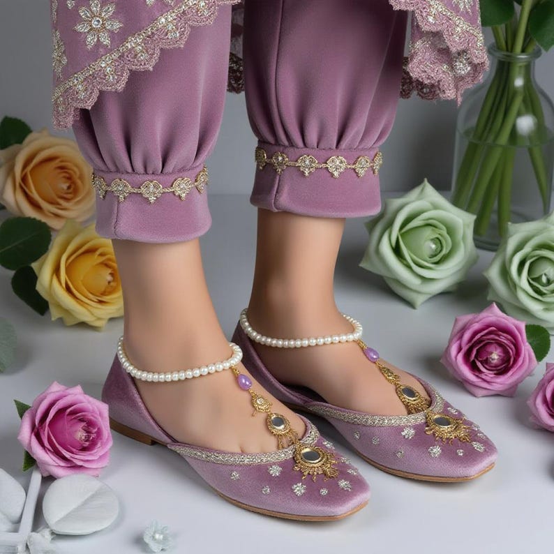 Mauve Velvet Khussa Shoes with Ornate Gold Accents, Pearl Anklets and Lilac Gemstones – Handmade Wedding Shoes
