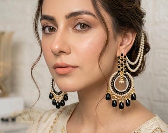 Black Saharey Earrings, Pakistani Bridal Earrings, Pearl Chain Earrings, Chaandbali Earrings, Indian Wedding Jewelry, Statement Earrings