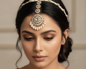 Kundan Mathapatti Headpiece with Pearls | Indian Bridal Matha Patti Jewelry | Wedding & Nikah Hair Accessory