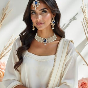 Gold Pakistani Bridal Jewelry Set: Maang Tikka, Earrings & Necklace
