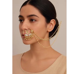 Kundan Bridal Nath: Gold Indian Nose Ring with Pearl Chains