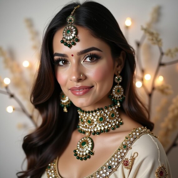 Green Gold Meenakari Kundan Necklace Earrings Tikka Set | Indian Pakistani Bridal Mehndi Nikah Choker | Handmade Wedding Jewelry
