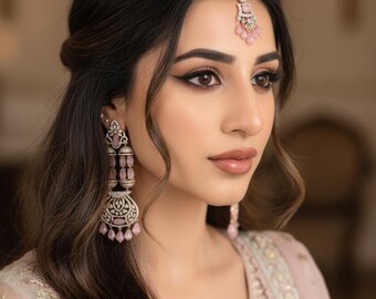 Kundan Maang Tikka and Earring Set: Pink Stone Indian Bridal Jewelry