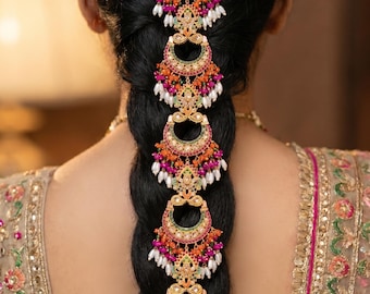 Trenza para el cabello Navratan Paranda / Joyería nupcial india pakistaní multicolor dorada / Mehndi con perlas y cuentas hecha a mano tradicional