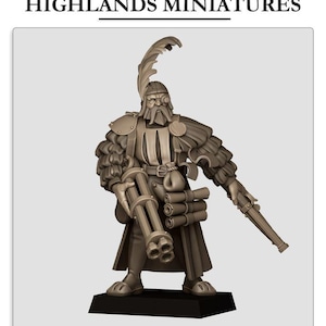 May include: A detailed miniature figurine of a man wearing a feathered hat and a long coat, holding a multi-barreled weapon and a pistol. He is wearing a belt with a pouch and scrolls.