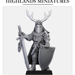 May include: A gray miniature knight figurine with a helmet adorned with antlers, holding a sword and shield. The knight wears chainmail and armor, and the image includes the text "HIGHLANDS MINIATURES" at the top.