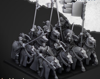 May include: A group of 9 gray plastic miniature figures of medieval knights on horseback, holding spears and swords. The knights are wearing chainmail armor and helmets. The figures are arranged in a line, with the leader at the front. The figures are all facing the same direction. The figures are on a gray base. The figures are part of a set of miniatures for a tabletop wargame. The text "Gallia" is visible in the background.